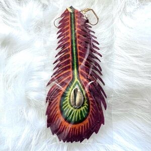 NEW! Hand Crafted Peacock Feather with Cowrie Shell Leather Earrings